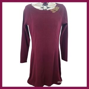 Ralph Lauren Knit Midi Dress Maroon Leather Buckle Size S Long Sleeve 100 Cotton